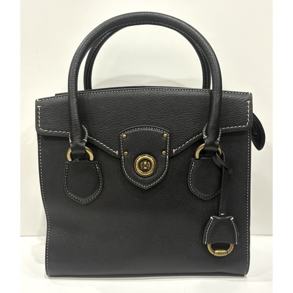 Lauren Ralph Lauren Black Pebbled Satchel Handbag Turn Lock Top Handle Bag